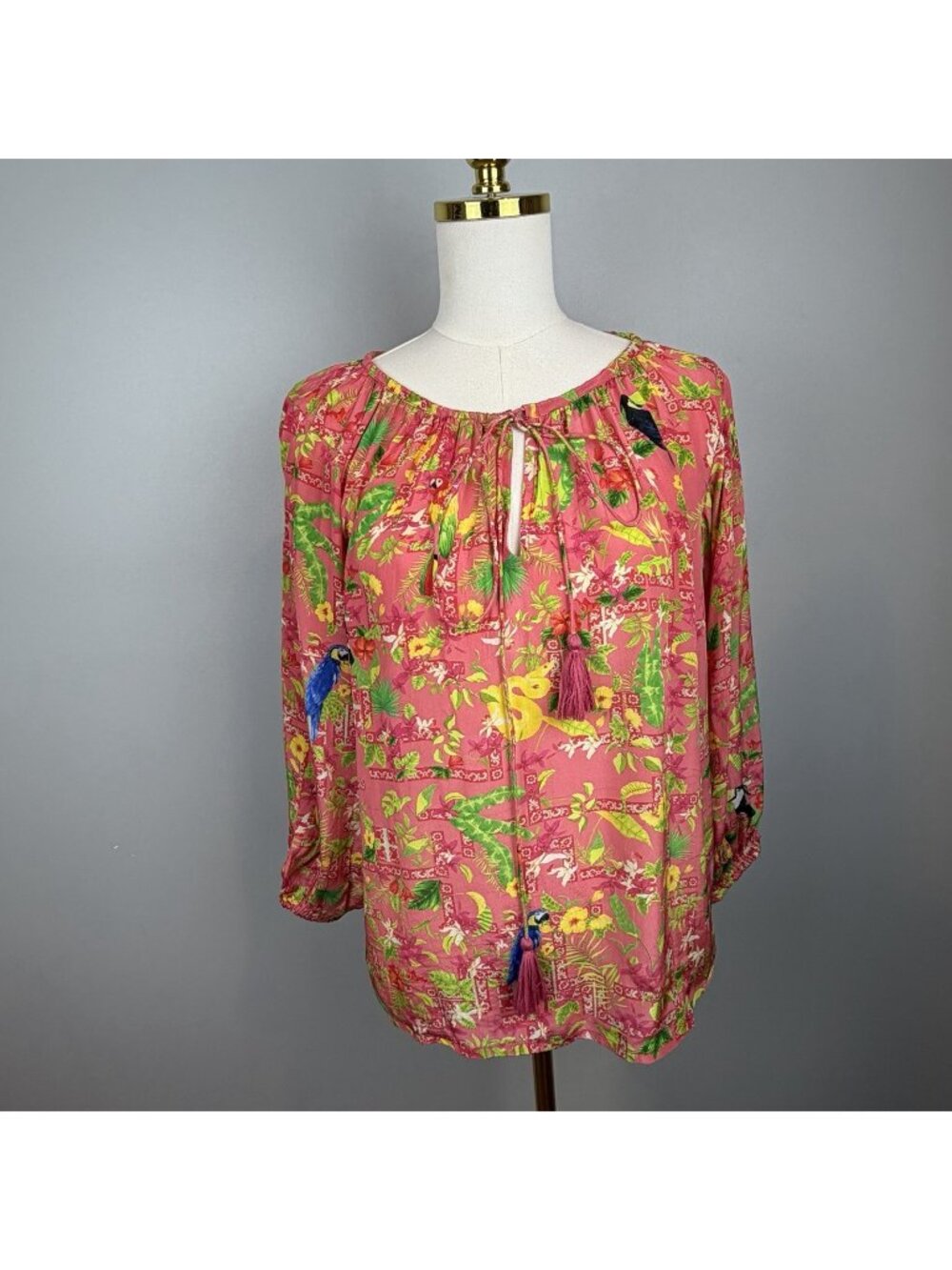Just Bellina Pink Tropical Parrot Floral Blouse Size Medium Tassel Long Slv NWT